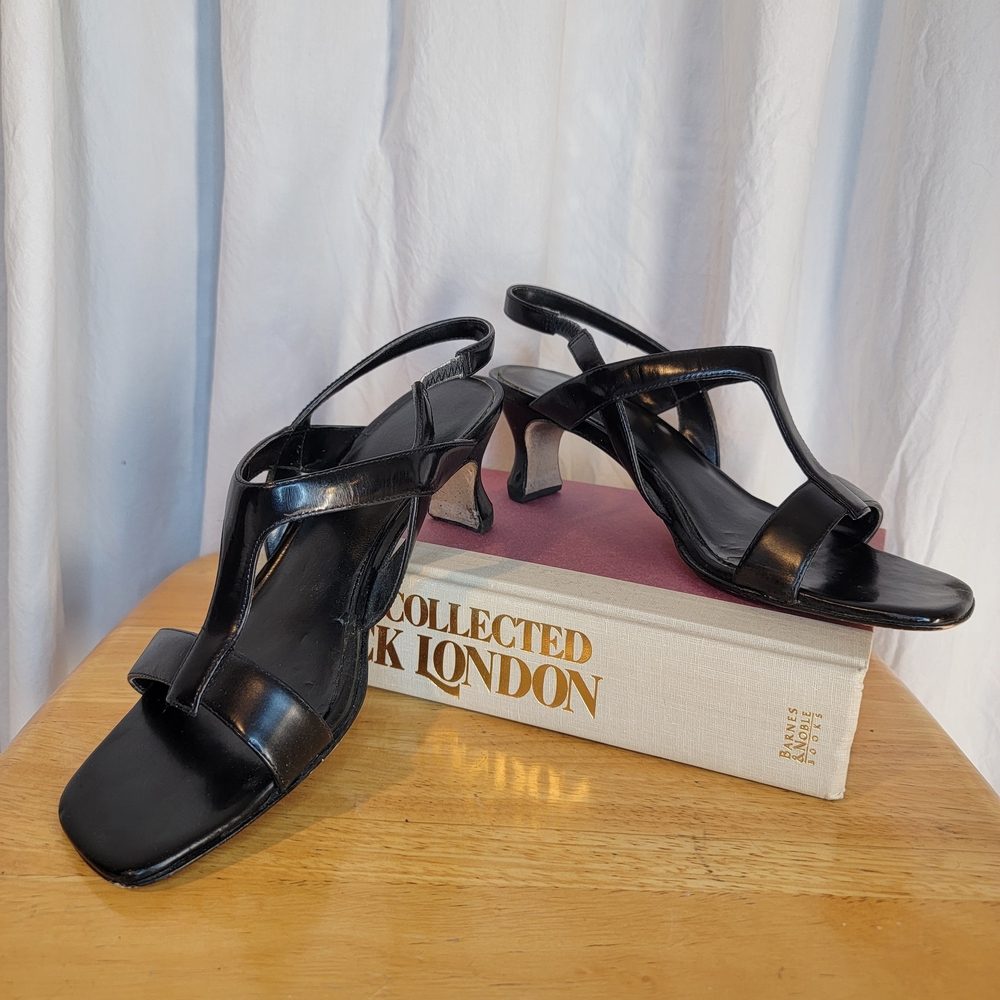 Black Leather Strappy Kitten Heels